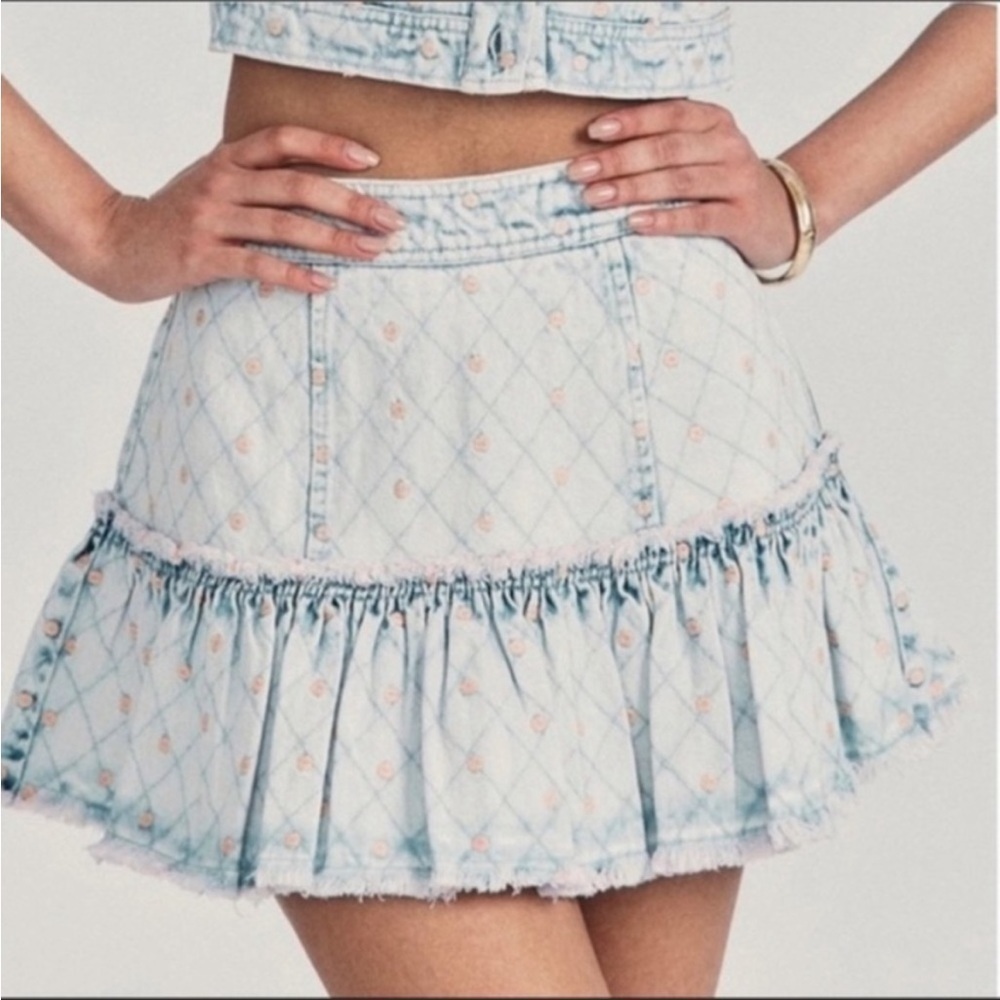 LoveShackFancy Light Blue Mini Skirt with Pink Floral Accents